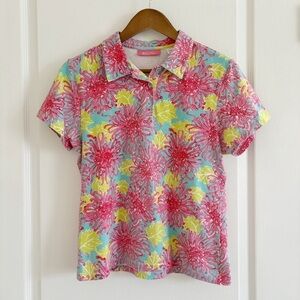 Key West Vintage Spider Mum Floral Print Polo Shirt Large Resortwear